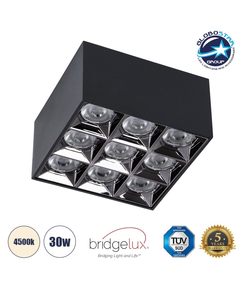 GLOBOSTAR® LUMINAR 60336 Downlight Σποτ LED 30W 4200lm 36° AC 220-240V IP20 Φυσικό Λευκό 4500K - Osram SMD Chip & TÜV SÜD Driver - Μαύρο Ματ - Μ12 x Π12 x Υ6.6cm - 5 Χρόνια Εγγύηση